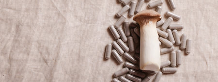 mushroom and natural herbal pills on textile gray background.environmental friendly ,healthy lifestyle, medical supplement concept.copy space. bannerの写真素材