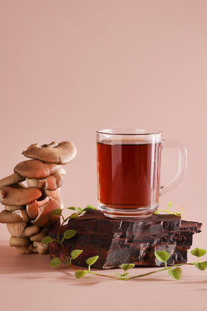 Natural medicine, reduce stress and improve immunity concept. Mushroom hot drink. Tea in stone podium with mushrooms on beige background.Copy space.の写真素材