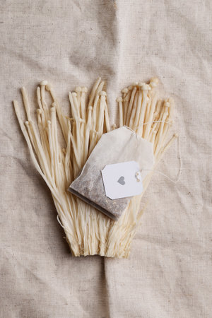 Natural medicine, reduce stress and improve immunity concept. Mushroom drink. copyspace. Tea bag on enoki mushrooms on gray textile background.の写真素材