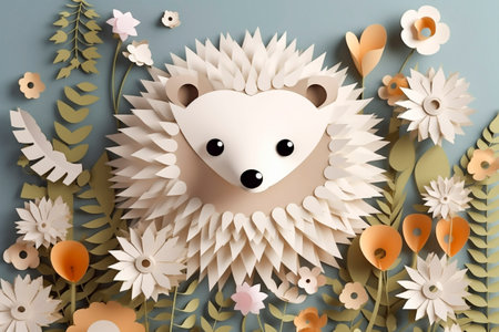 Generative AI. hedgehog in meadow flowers in the style of paper cut art. printed festive products. holiday card or invitation concept.の素材