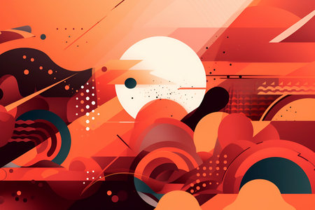 Generative AI. abstract background in red and orange colors in memphis style. geometric shapes, lines and asymmetry conceptsの素材