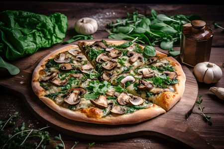Generative AI, Mushroom pizza on wood background. vegan food , eating healthy, environmentally mentally responsible food choice conceptの素材
