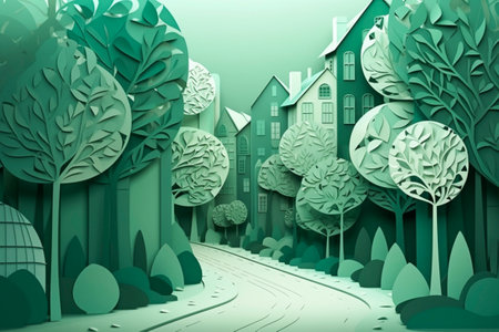 Generative AI. futuristic views of cities surrounded by greenery in the style of paper cut art. urban nature, sustainable future, healthy planet conceptの素材