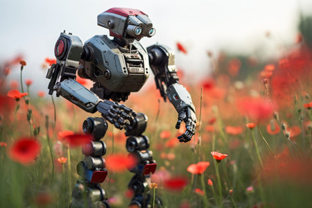 Generative AI. robot near the poppies in the field. new future technology, futuristic and technology concept.の素材