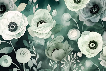 Generative AI, Watercolor background with ranunculus and eucalyptus in blue colors. Card for invitation, holiday, birthday, wedding. printed productsの素材