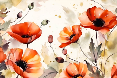 Generative AI, Watercolor background with poppies on red and beige colors . Card for invitation, holiday, birthday, wedding. printed productsの素材