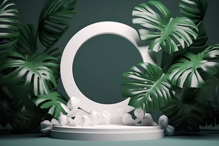 Generative AI. white podium in form of circle on green background with monstera leaves.mock up for exhibition, presentation of goods , product displayの素材
