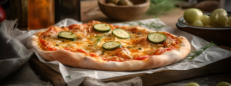 Generative AI, pickles pizza on wood background. vegan food , eating healthy, environmentally mentally responsible food choice concept. bannerの素材