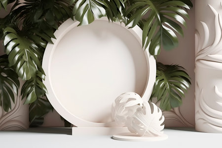 Generative AI. white podium in form of circle on white background with monstera leaves.mock up for exhibition, presentation of goods , product displayの素材