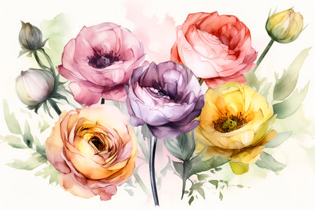 Generative AI, Watercolor background with yellow, pink and purple ranunculus. Card for invitation, holiday, birthday, wedding. printed productsの素材