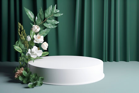 Generative AI. white podium in the form of a circle on a green background with flowers. mock up for exhibition, presentation of goods, product displayの素材
