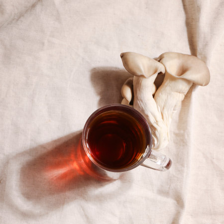 Natural medicine, reduce stress and improve immunity concept. Mushroom hot drink. Tea in glass mug with mushrooms on textile background.squareの写真素材