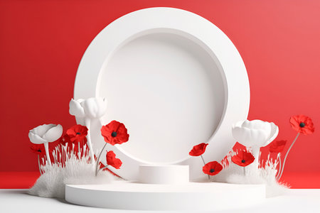 Generative AI. white podium in form of circle on red background with flowers. mock up for exhibition, presentation of goods , product displayの素材