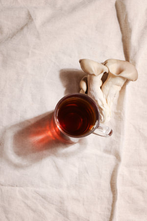 Natural medicine, reduce stress and improve immunity concept. Mushroom hot drink. Tea in glass mug with mushrooms on textile background. copyspace.の写真素材