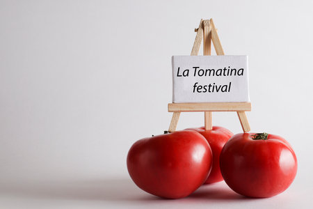 La Tomatina festival written on white board with red tomato on white background. famous tomato battle in the Spanish village of Bunyol concept.の写真素材