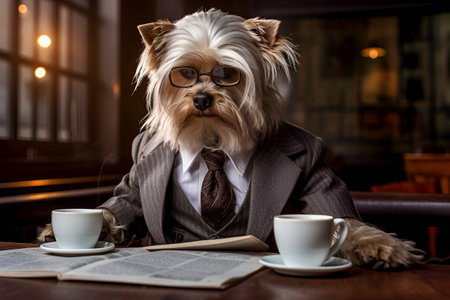 Generative AI. humanized animal concept. funny character character. humanized dog in suit sitting in cafe with newspaper like businessmanの素材