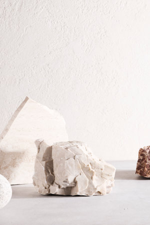 Minimal background for branding and product presentation.natural stone for product display on white background.copy space.advertising and sale conceptの写真素材