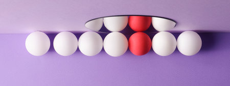 dimensional compositions of geometric shapes concept.white and crimson balls on mirror on purple background. abstract wallpaper style bannerの写真素材