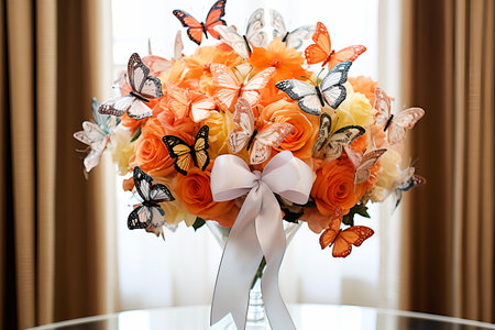 Generative AI. wedding trends. bouquet of butterflies and flowers in orange colors in vase near windowの素材