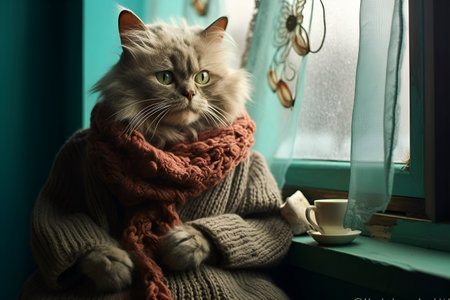 Generative AI. humanized animal concept. funny character character. humanized cat in sweater and scarf near window. loneliness and dreaming styleの素材