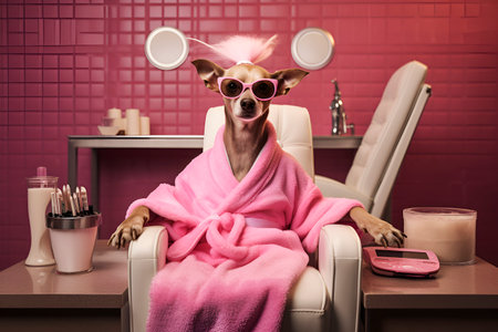 Generative AI. humanized animal concept. funny character character. humanized dog in pink bathrobe in spa salon. body care spa treatmentの写真素材