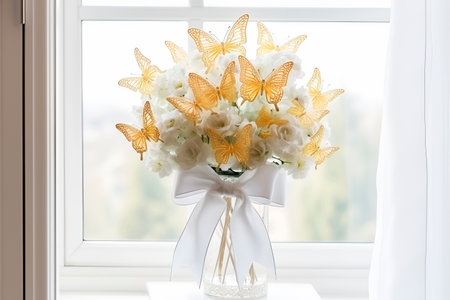 Generative AI. wedding trends. bouquet of butterflies and flowers in white and yellow colors in vase near windowの素材