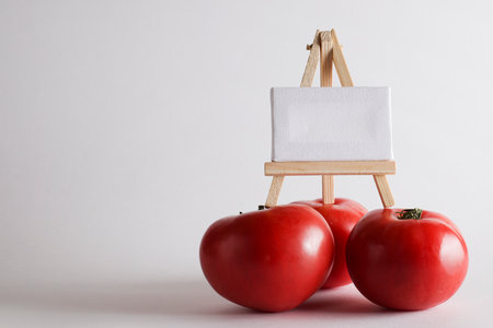 red ripe tomato and white board for your text on white background. Home vegetable, harvest on organic farm. Ingredients, recipes, cooking book conceptの写真素材