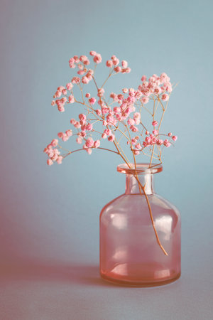 flower on dried pink glass vase on blue background. selective focus. Still life, art, minimalism concept. Botany styled.の写真素材
