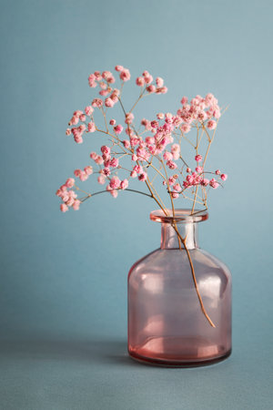 flower on dried pink glass vase on blue background. selective focus. Still life, art, minimalism concept. Botany styled.の写真素材