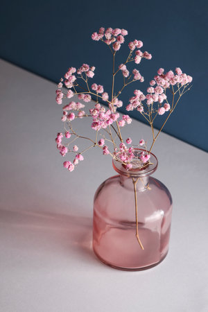 dried flower on pink glass vase on blue background. selective focus. Still life, art, minimalism concept. Botany styled.の写真素材