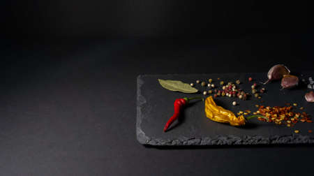 Spices on a stone plate. Black background. Black stone. Garlic, sea salt, pepper, chili, hot pepper, bay leafの写真素材