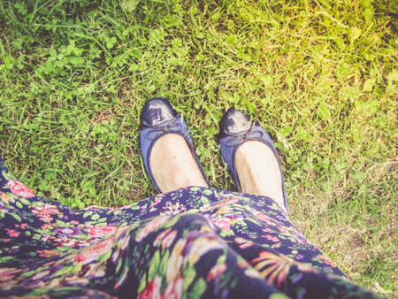 Looking Down, Women shoes Nature Sunny Dayの写真素材