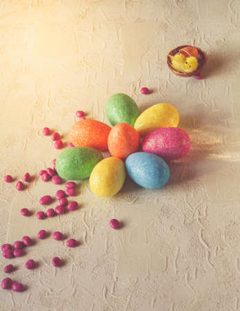 Easter scene, painted eggs , inside,  top view, verticalの写真素材