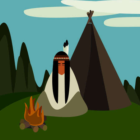 Native american at the camp with a wigwam and a bonfire