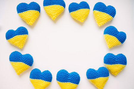 Ukrainian flag in the form of hearts on a white backgroundの写真素材