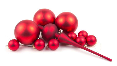 Red christmas balls isolated on whiteの写真素材