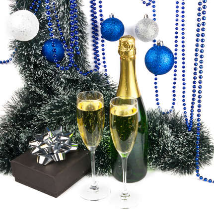 Christmas composition with champagne and presentの写真素材