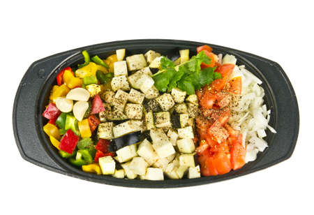 Fresh vegetable mix ready to be cooked on white backgroundの写真素材