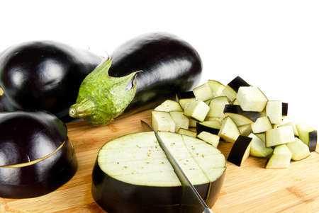 Eggplants with slices and cutsの写真素材