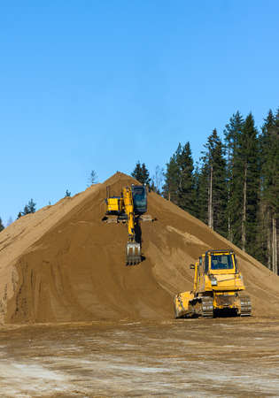 Yellow Excavator and bulldozer at Work in forest