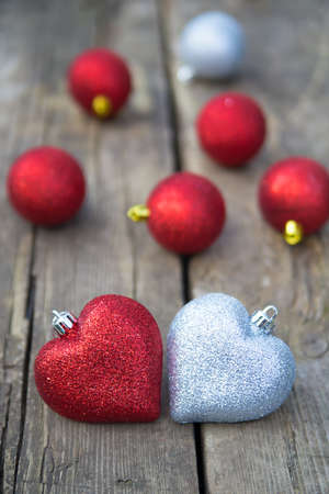 Christmas composition with two heartsの写真素材