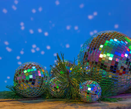 Christmas Mirror balls on wooden backgroundの写真素材