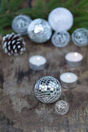 Christmas Mirror balls on wooden backgroundの写真素材