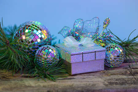 Christmas Mirror balls on wooden backgroundの写真素材