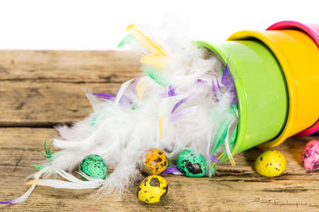 Easter eggs composition on wooden background