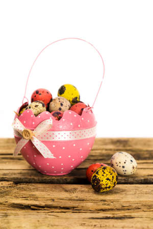 Easter eggs composition on wooden backgroundの写真素材