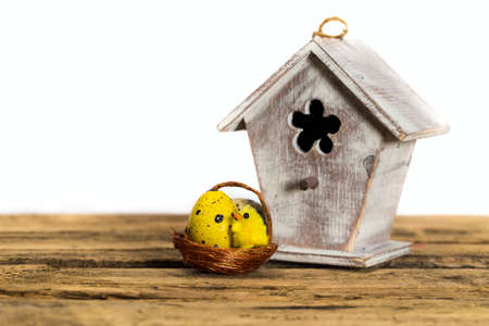 Easter eggs composition on wooden backgroundの写真素材