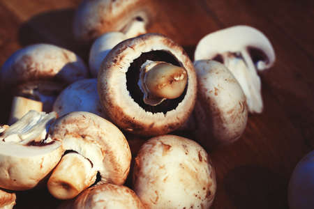 champignons on a wooden background in gardenの写真素材