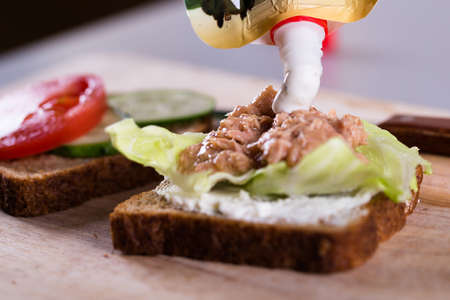 Fresh homemade grilled tuna sandwich on wooden backgroundの写真素材