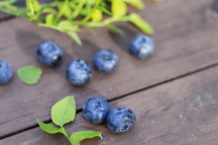 Fresh ripe blueberries outdoors on wooden backgroundの写真素材